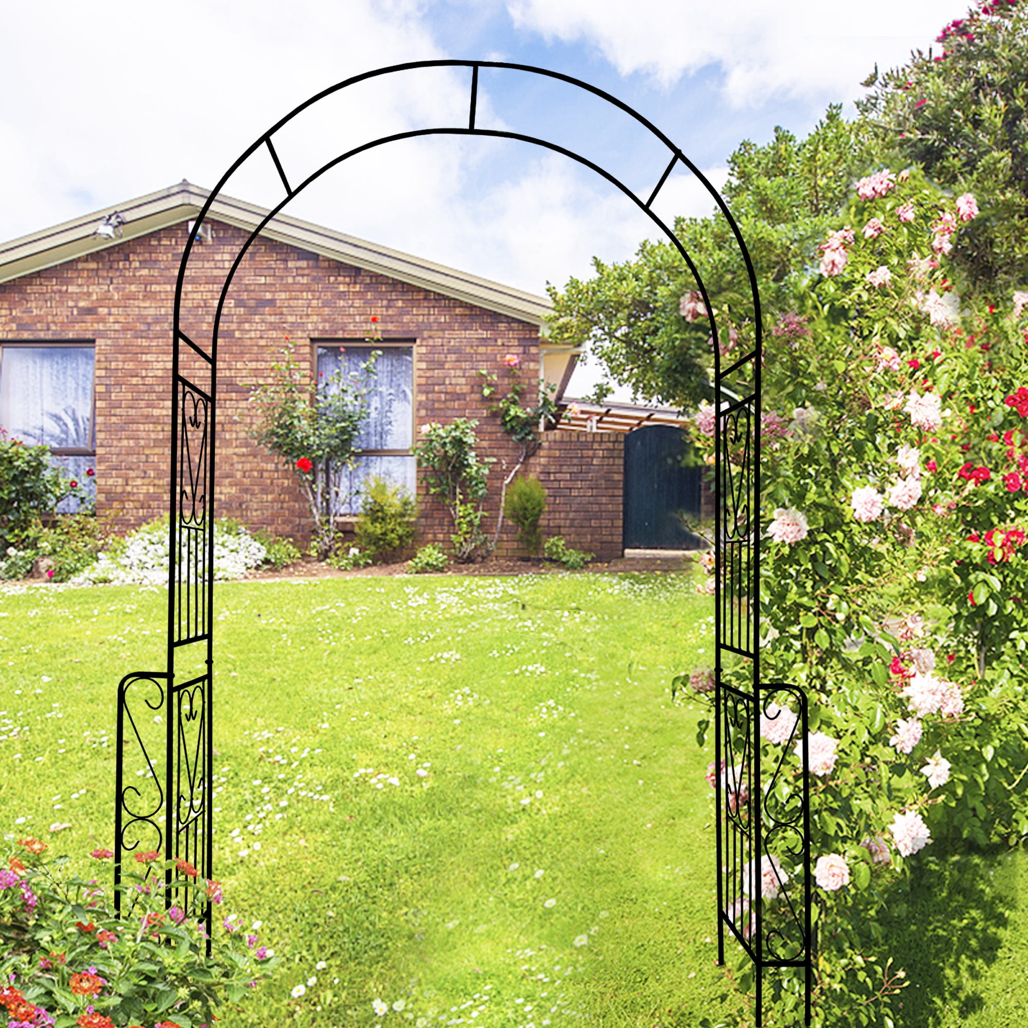 Metal Garden Arch W55" x H94.5" Garden Arbor Trellis Climbing Plants Support Rose Arch Outdoor Arch Black