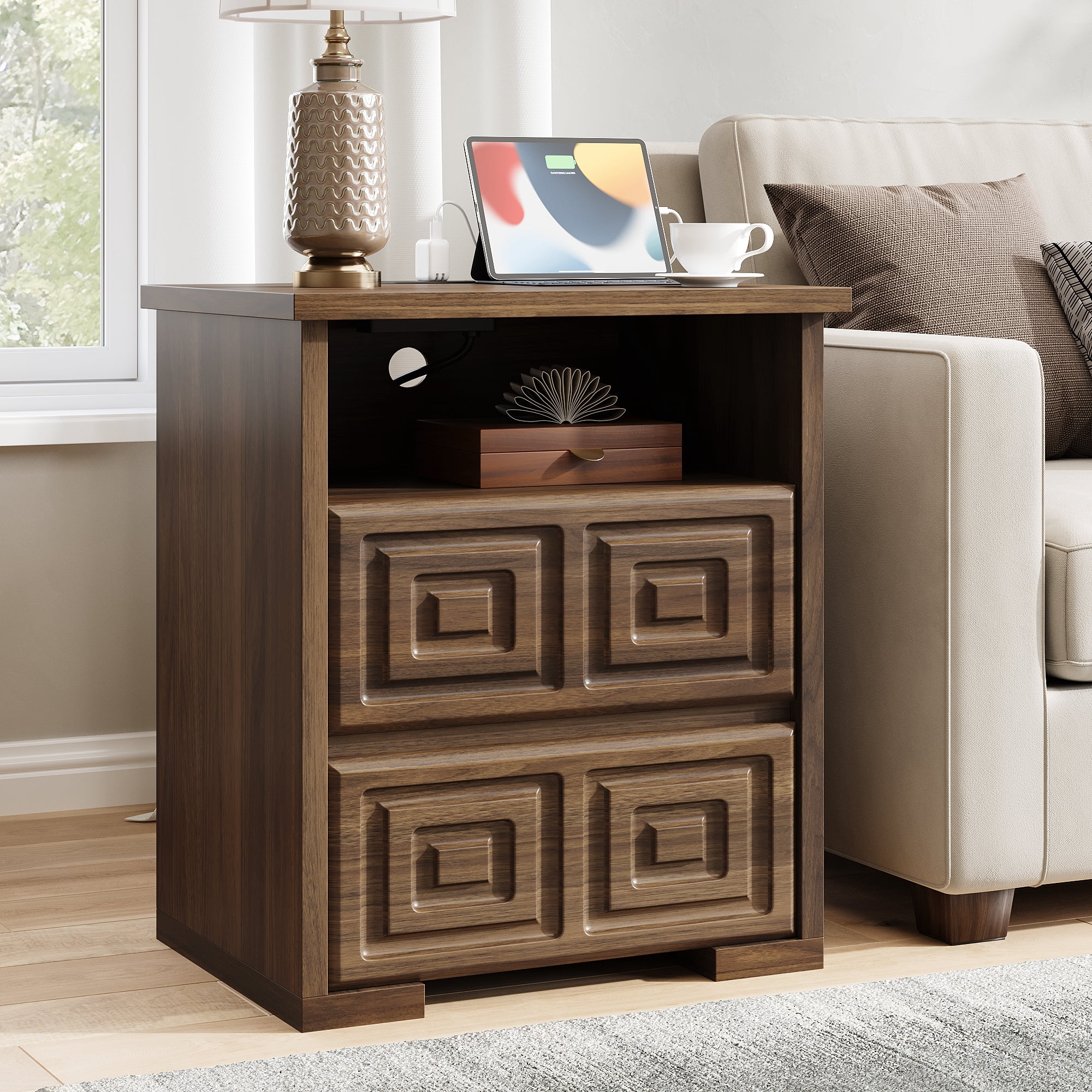 Laintene Nightstand Set of 2, Farmhouse Bedside Tables with Charging Station, Wood Nightstands with Open Shelf for Bedroom or Living Room, Walnut