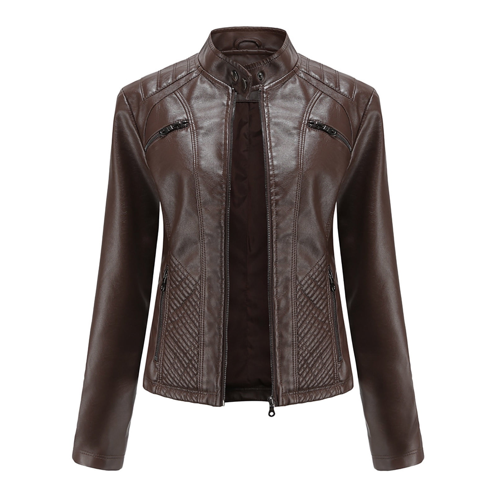 IROINID Women's Short Faux Leather Jacket Stand Collar Solid Color