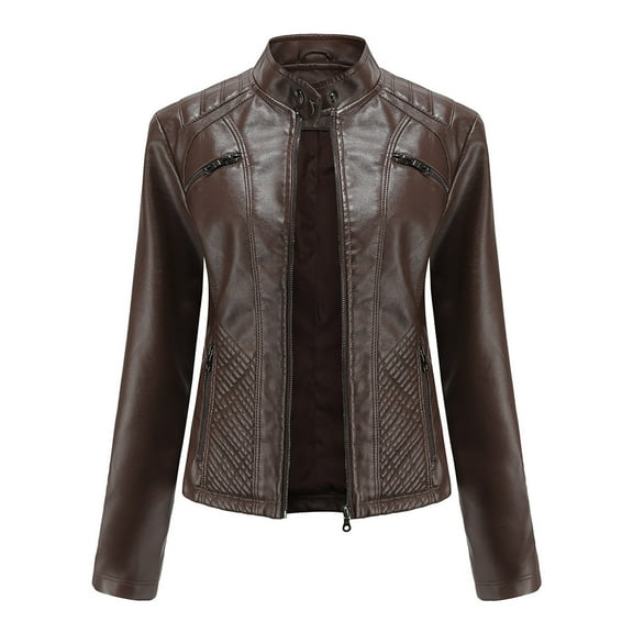 Tejiojio Clearance Jackets Women's Slim Leather Stand Collar Zip Motorcycle Suit Belt Coat Jacket Tops