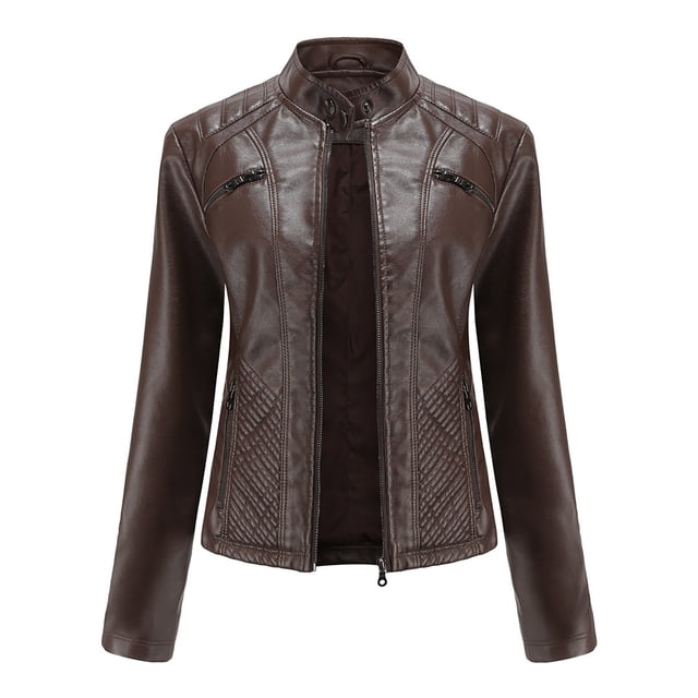 Chaqueta delgada de cuero con cuello levantado y cremallera para mujer Fridja BV0+717