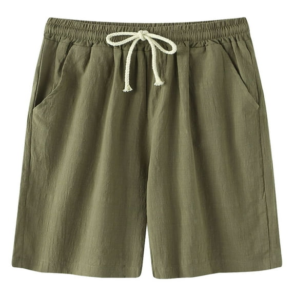 Men's Linen Casual Classic Shorts Elastic Waist Summer Beach Lightweight Board Slim-Fit with Pockets