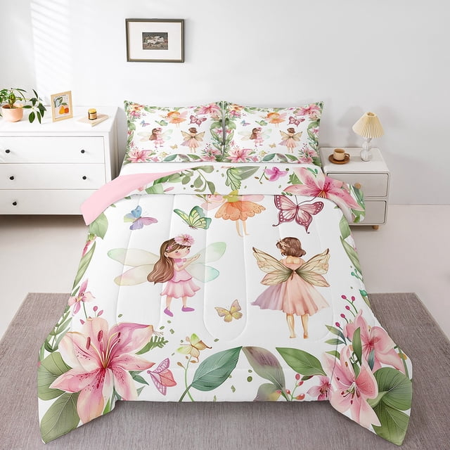 Erosebridal Ensemble de Couette Simple Mignon Fée, Couette en Duvet Papillon Fleur, Déco Kawaii, Réversible, 2 Pcs