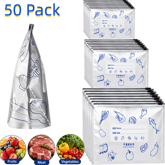 50 Pcs Reusable Aluminum Foil Freezer Bags,3 Sizes Aluminum Foil Food Sealable Storage Bags for Vegetable Fruit Meat