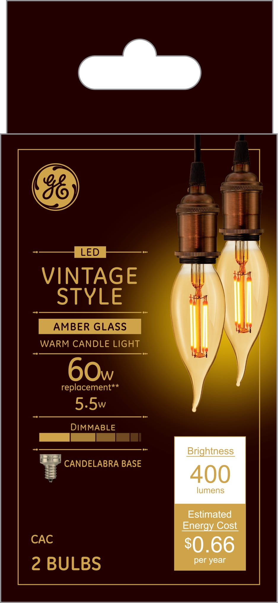 GE LED 5.5W (60W Equivalent) Vintage Decorative Bulbs, Amber Finish, Straight Filament, Small Base 2pk