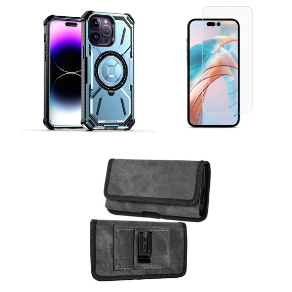 Bemz Rugged Case for iPhone 15 - Tough Magnetic Ring Stand Charger Cover with Glass Screen Protector and Horizontal Nylon Card Slots Wallet Belt Holster Pouch (Light Blue/Gray)