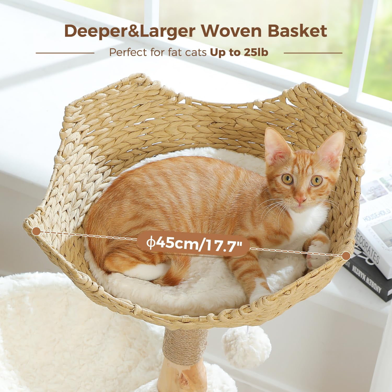 Natural Wood Cat Tree with Wicker Basket and Hammock, 40 Inch Tall Cat Tower with Cozy Condo, Scratching Posts for Indoor Cats, Beige
