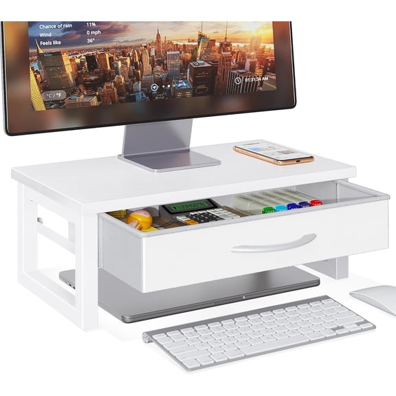 Desk Organizers and Accessories, Computer Monitor Stand Riser with Drawer, White Laptop Stand for Desk with Storage, Office Organization, Wood
