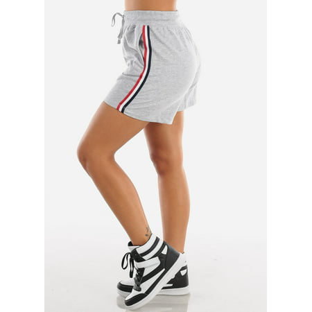 Womens Juniors Casual Loungewear Basic Everyday Hiking Workout Gym High Waist Drawstring Waist Activewear Fleece Grey Striped Shorts