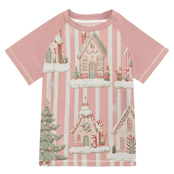 FORMRS Boys Rash Guard with Short Sleeves UPF 50  Swim Shirts Sizes 3-12T, Light Green Christmas Houses