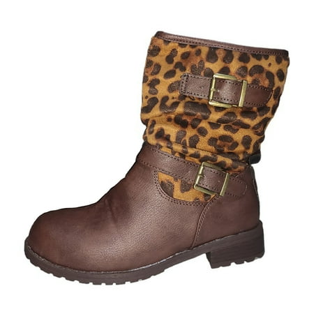 

Boots for Women Autumn Winter Leopard Print Mid-tube Round Toe Knight Boots With Belt Buckle Low Heel Women Boots