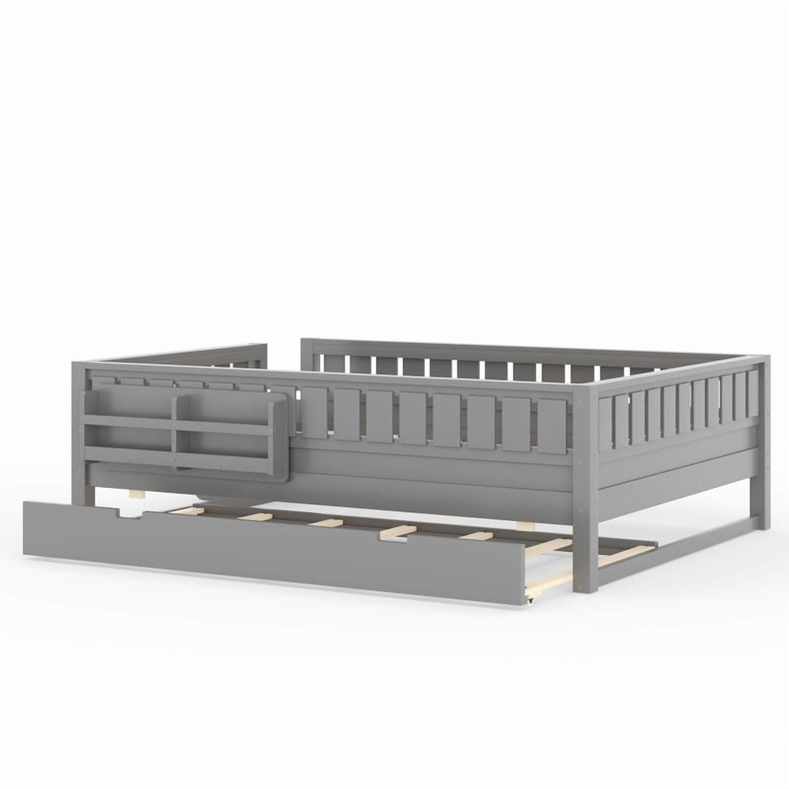 Queen Size Low-Profile Kid's Platform Bed with Built-in Bookshelves & Small Staircase, Wooden Bed Frame with Safety Rails & Trundle