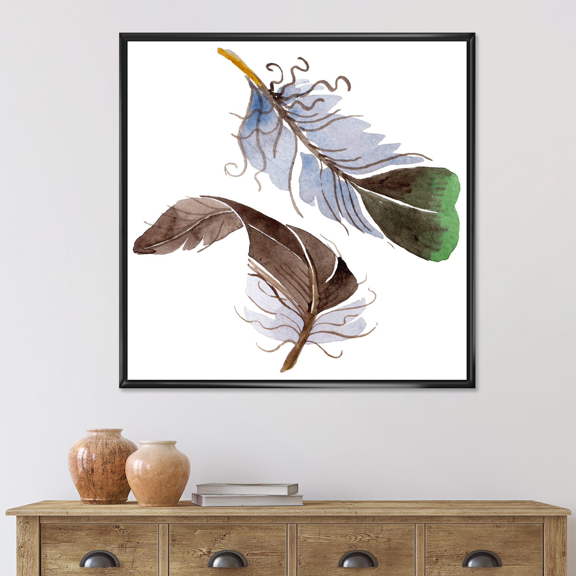 Designart 'Abstract Green Bird Feather From Wing' Bohemian & Eclectic Framed Canvas Wall Art Print