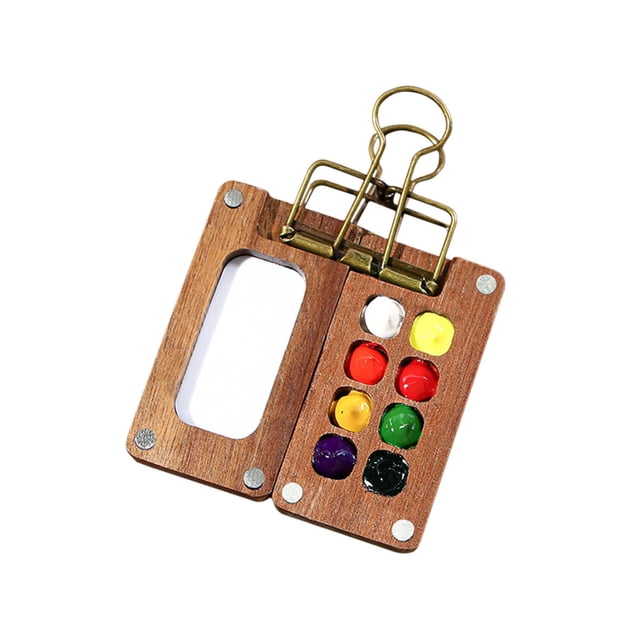 Xihbxyly Mini Juego de Acuarelas de Nogal, Portátil, Ideal para Viajes, 8/15 Cuadrículas de Pinturas Removibles, Estuche de Madera Artesanal, Ligero con Clips Metálicos, Regalo Único para Artistas, B