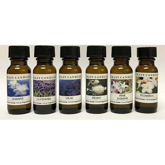 Crazy Candles 6 Bottle Set: 1 Jasmine, 1 Lavender, 1 Lilac, 1 Peony, 1 Pink Jasmine, 1 Plumeria 1/2 Fl Oz Each (15ml) Premium Grade Scented Fragrance Oil