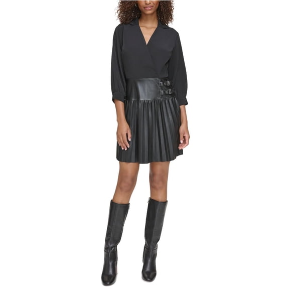 Karl Lagerfeld Womens Faux Leather Shutter Pleat Mini Dress, black, 10