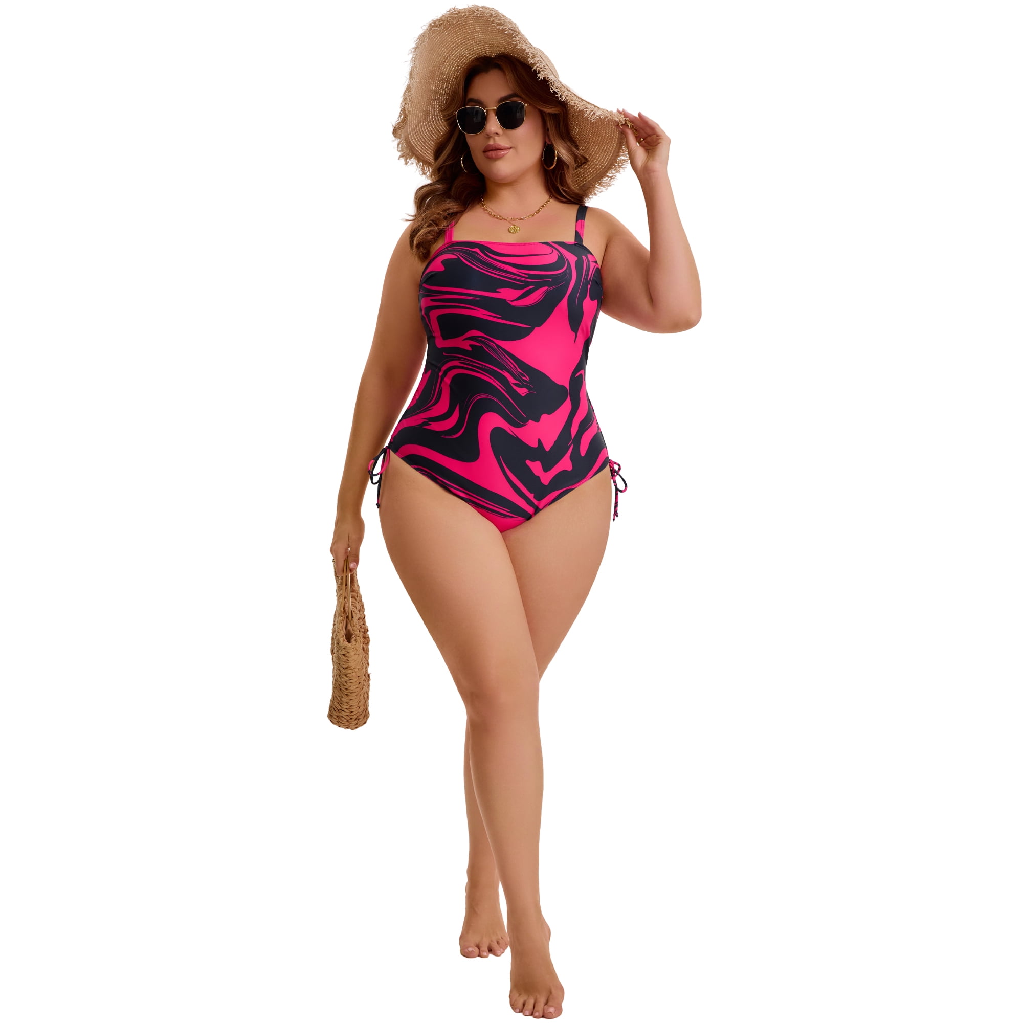 DARING DIVA Women's Plus Swimsuit Tummy Control Bathing Suit Ruched High Cut 2X Hot Pink