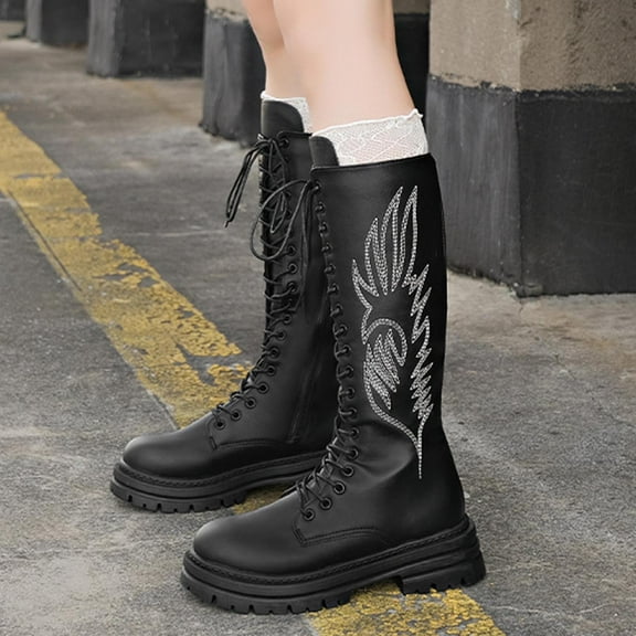 Lenago Winter Women's Knee-Length Boots Chunky Block Boots with Side Zip Elastic Faux Leather Boots for Women Solid Casual Fall Winter Fashion Shoes