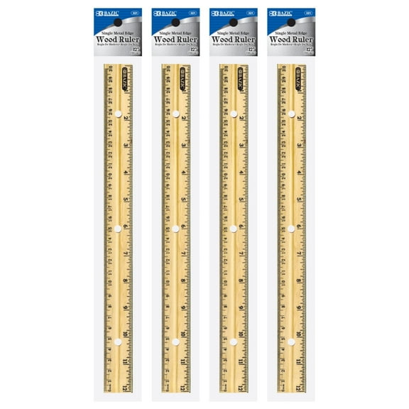 BAZIC Wooden Ruler 12" (30cm), Singel Metal Edge, Inches Centimeter Rulers, 4-Pack