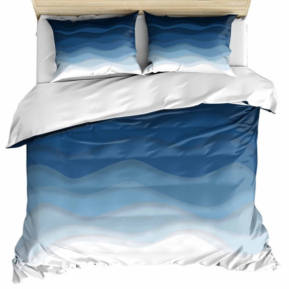 Navy Blue Ombre Bedding 3 Piece Duvet Cover Set Queen Size, Modern Moire Wave Gradient Soft Microfiber Comforter Cover with Zipper Closure & Pillowcases, Wrinkle & FadeResistant Quilt Cover