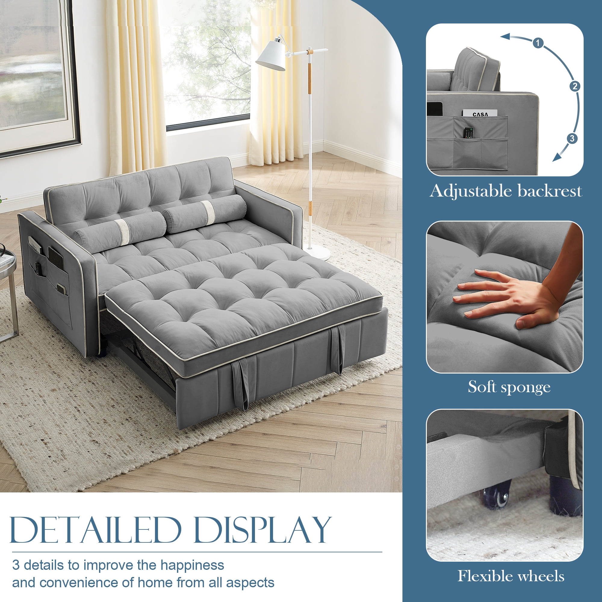 Muumblus 55.5" Pull Out Sofa Bed 2 Seater Loveseats Sleeper Convertible Futon Sofa Bed with Adjsutable Backrest, Modern Adult Velvet Sofa Couch for Living Room, Gray