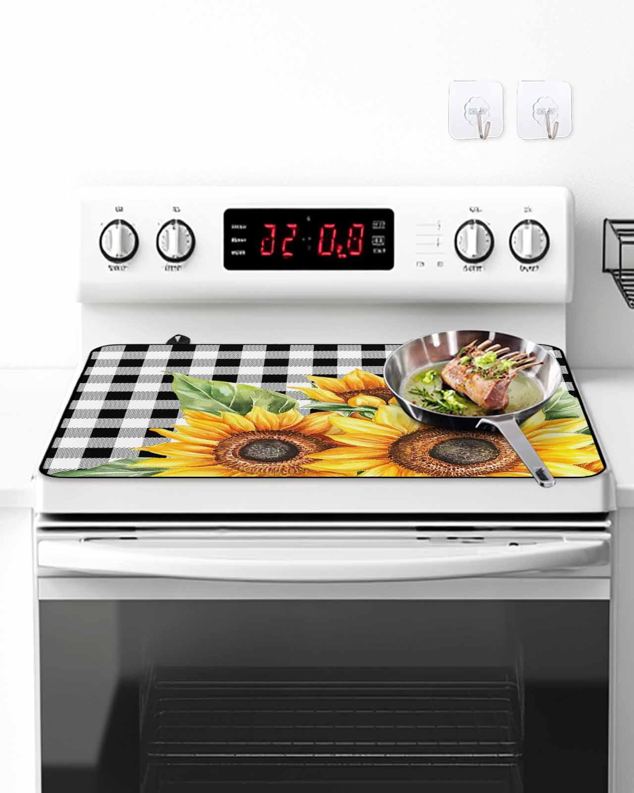 Rustic Sunflower Stove Top Covers for Electric Stove, 28'x20'' Country Floral Pastoral Black Buffalo Plaid Glass Ceramic Stove Cover Foldable Rubber Mat Heat Resistant Cooktop Protector for Kitchen