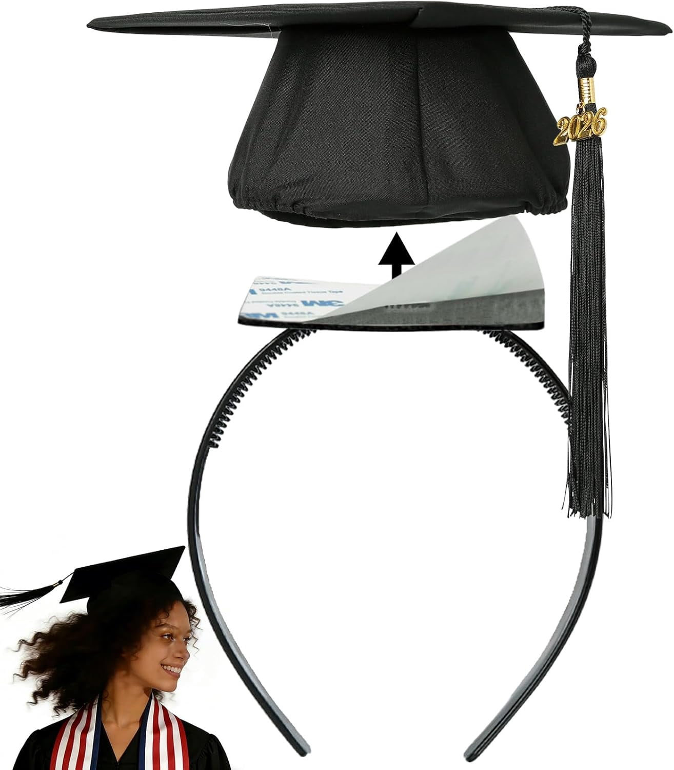 White Graduation Cap Headband Insert, Anti-Slip Graduation Hat Holder for Curly Hair, Secure Fit Hairband Accessory, Keeps Hairstyle Natural and Stable
