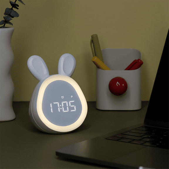 Children Cute Alarm Clock with Night Light Stepless Dimming LED Digital Alarm Clock for and White