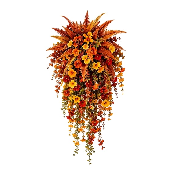 Fall Floral Swag, Artificial Fall Hanging Floral Swag, Autumn Orange Yellow Flower Fern Vine Teardrop Garland for Front Door Wall Window Farmhouse Thanksgiving Harvest Home Decor
