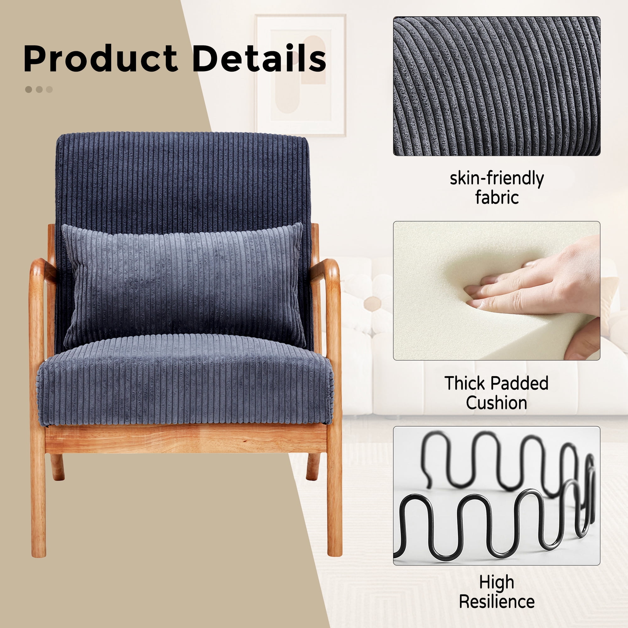MOONMISS Corduroy Upholstered Mid-Century Modern Wood Frame Single Armchair-Dark Gray