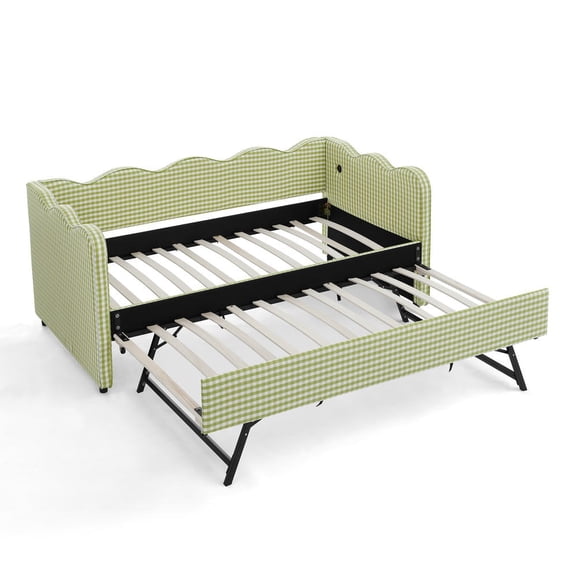 Barara King Twin Daybed with Pull Out Trundle, Multi Functional Guest Bed with USB Port, No Box Spring Required, Supportive Wave Design Linen Fabric, Green