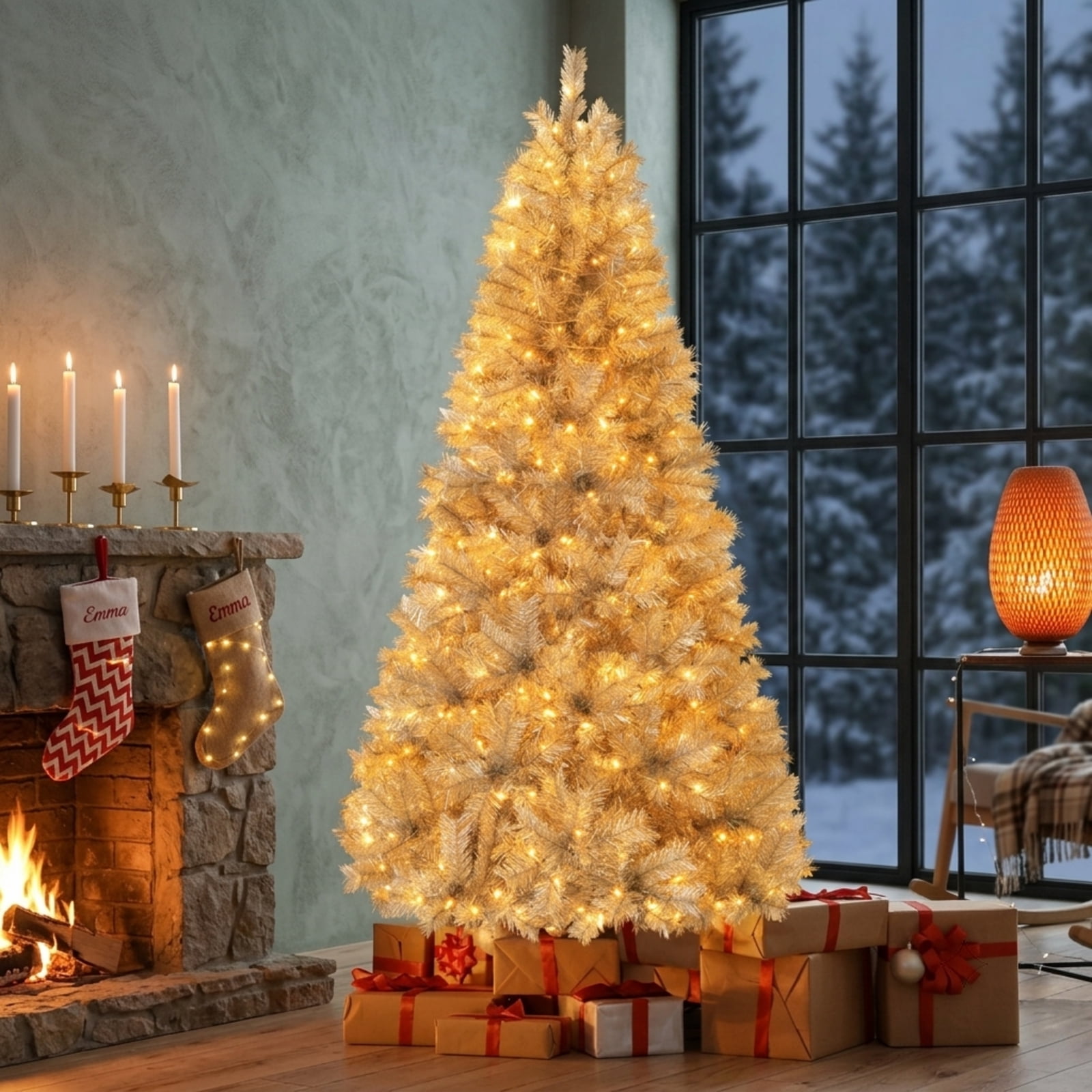 RUIE 7 ft Silver Christmas Tree, Tall Pre-Lit Artificial Tinsel Xmas Tree with 400 LED Lights and 807 Branch Tips for Living Room