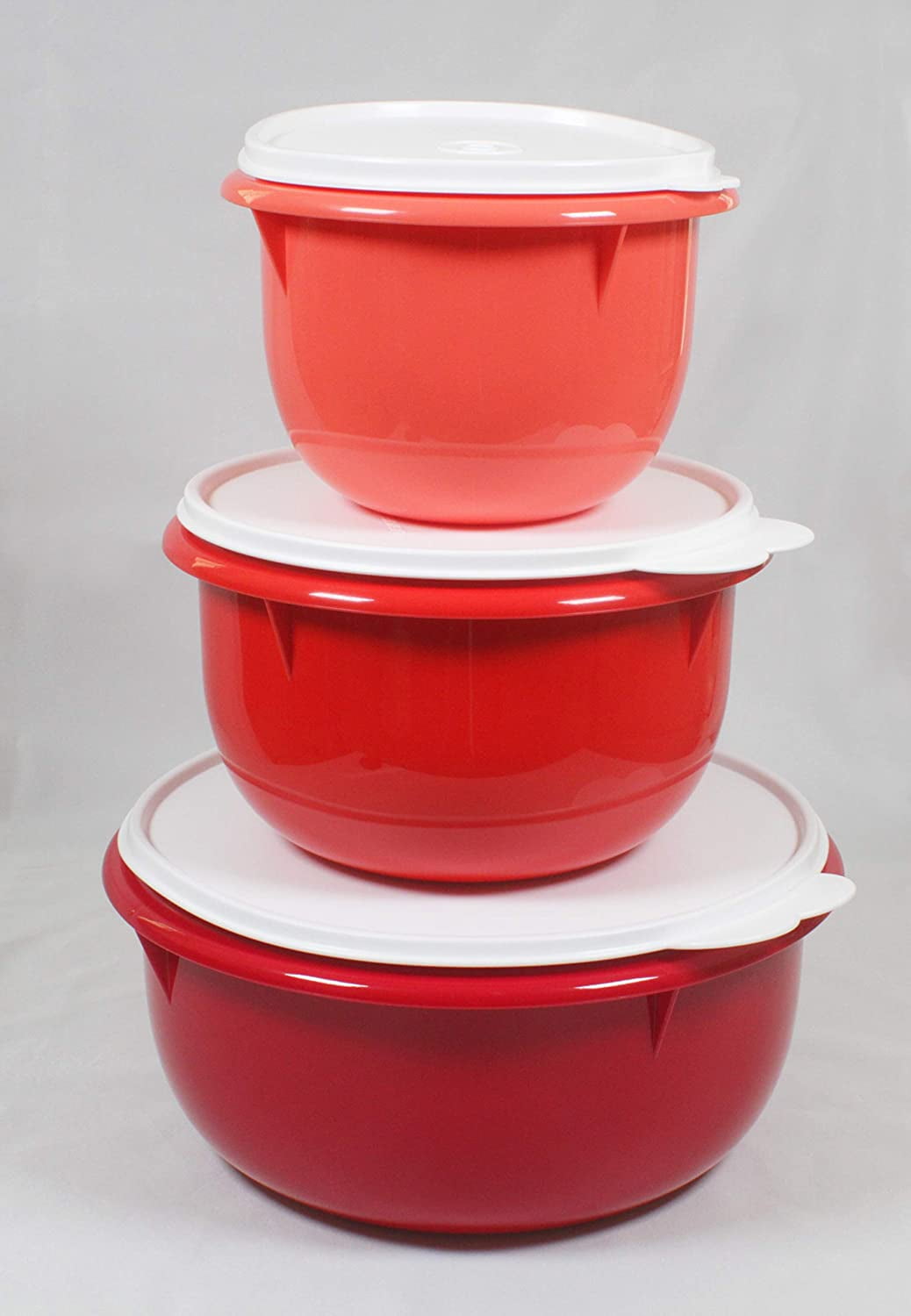 TUPPERWARE Mixing/Salad 3 Pc. Bowl Set Maroon, Red, Orange w/White