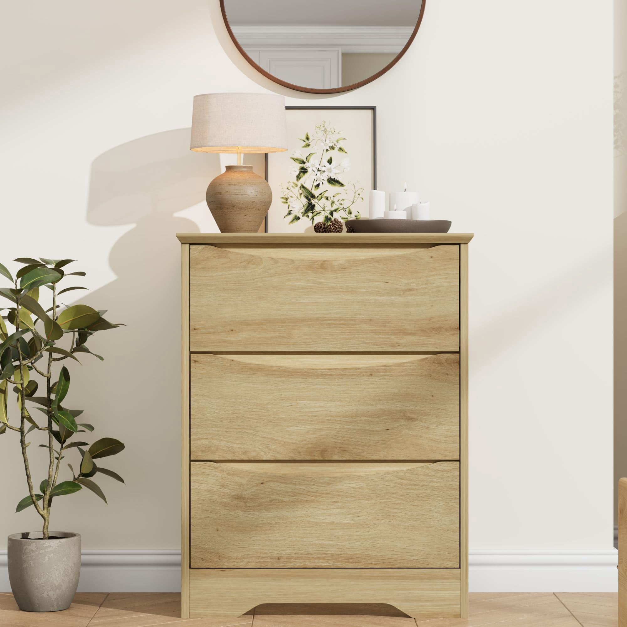Kicctian Modern Dresser with 3 Deep Drawers, 30" Tall Wooden Storage Cabinet for Bedroom, Living Room, Entryway, Natural Wood Color