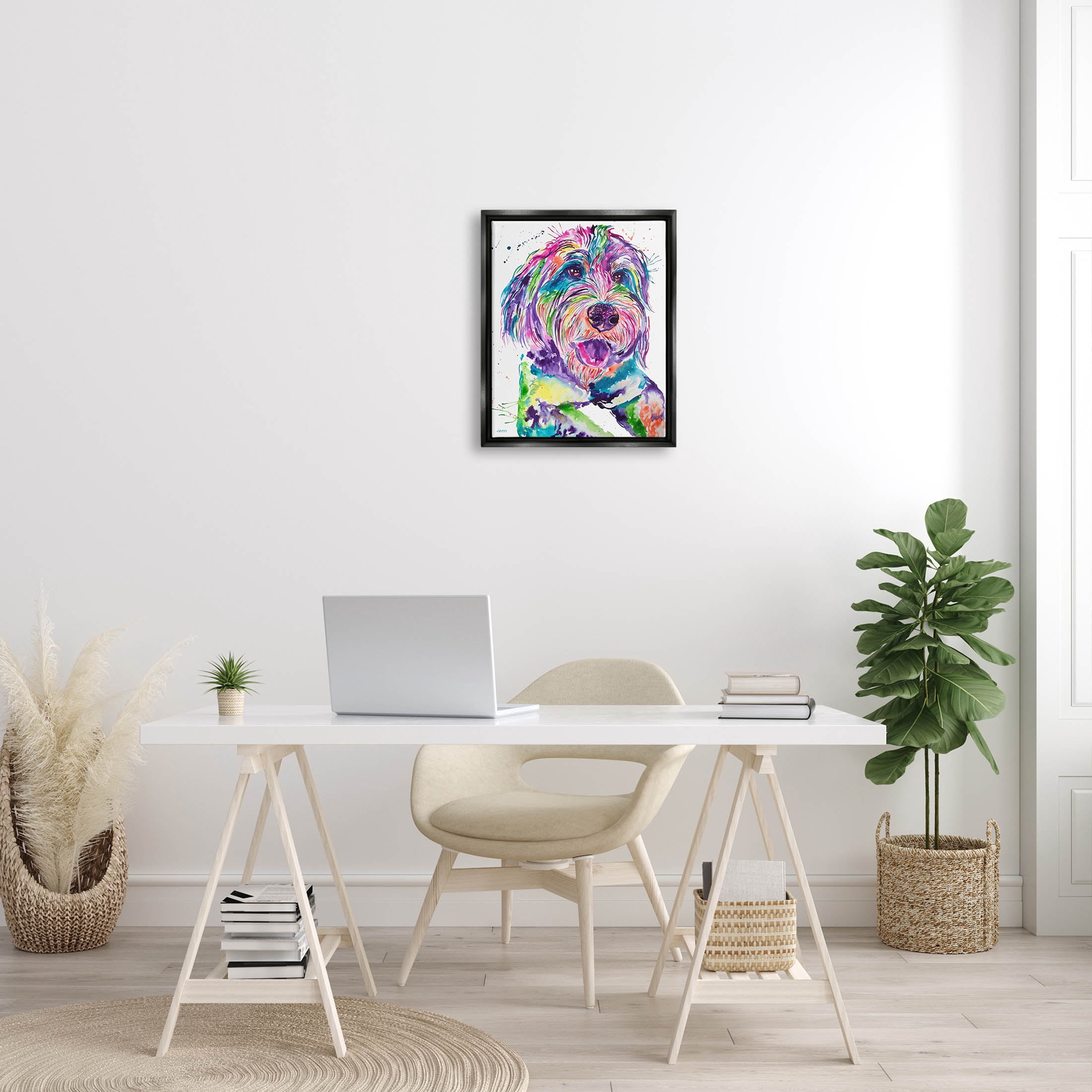 Smiling Terrier Modern Vivid Dog Animals & Insects Graphic Art Jet Black Framed Art Print Wall Art