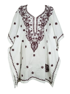Mogul Women White Maroon Cotton Caftan Floral Embroidered Kimono Resort Wear Cover Up Dress M