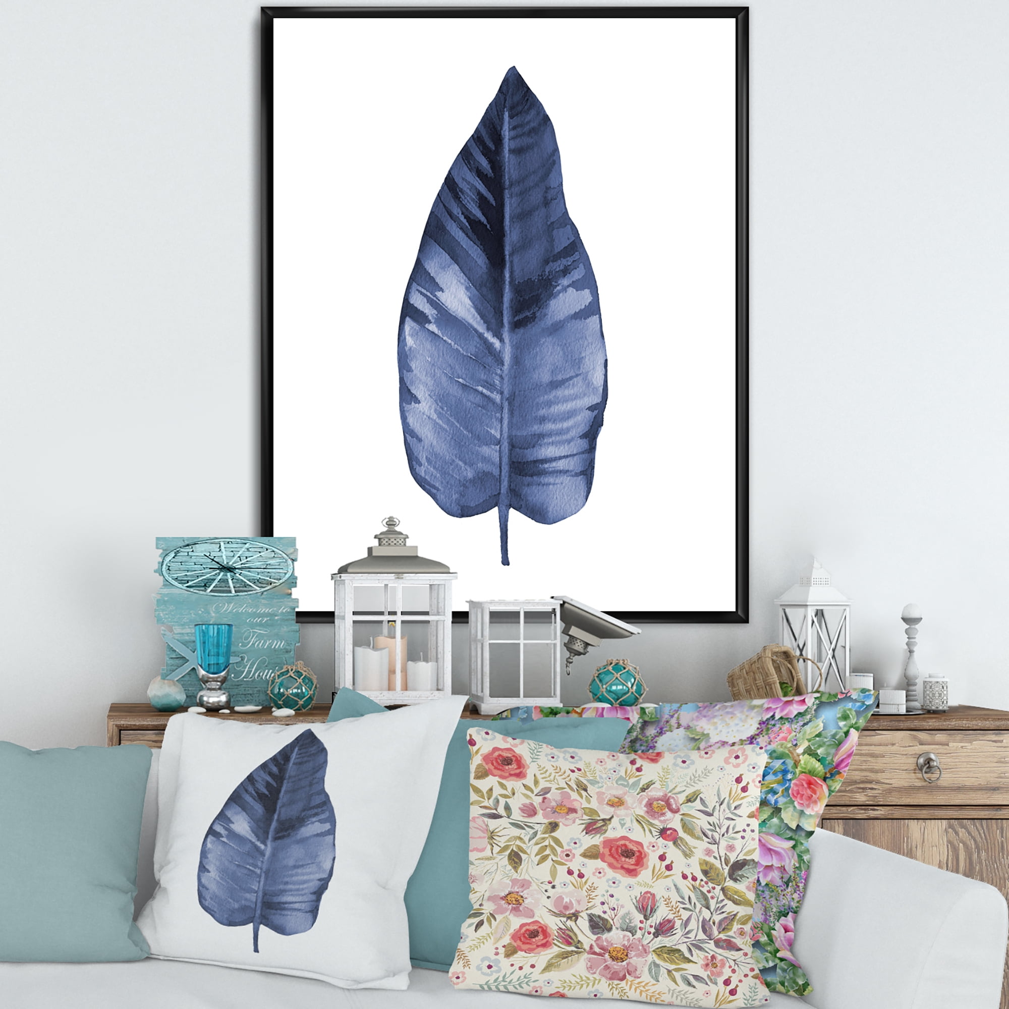 Designart 'Blue Leaf Watercolour On White Background' Traditional Framed Canvas Wall Art Print