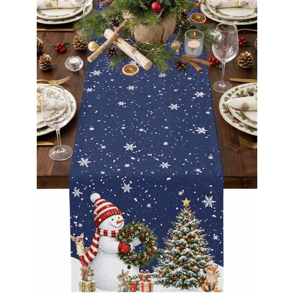 Christmas Snowman Table Runner 48 Inches Long, Kitchen Dining Table Decoration, Wreath Xmas Tree Snowflake Navy Blue Coffee Tablerunner Dress Scarves Farmhouse Décor for Party, Holiday, 13 x 48