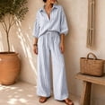 thumbnail image 6 of Womens Striped Set 2 Piece Outfits 3/4 Puff Sleeve V Neck Top and Drawstring High Waist Palazzo Pants, XL, 6 of 6