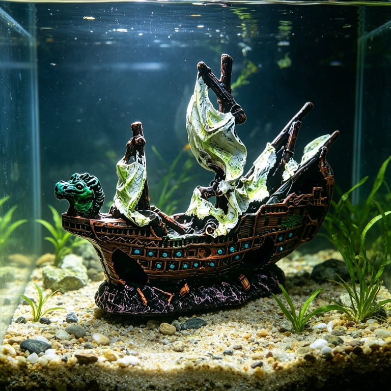 fish tank accessories pirate ship kathson Aquarium Shipwreck Decor Sunken Ornament Shipwreck Decoration Resin Sunken Boat Betta Fish Sunken Ships for Freshwater Saltwater Tanks, Dark Brown : Pet Supplies which is very eye – catching. TEAMD Fishing Boat Aquarium Ornament
