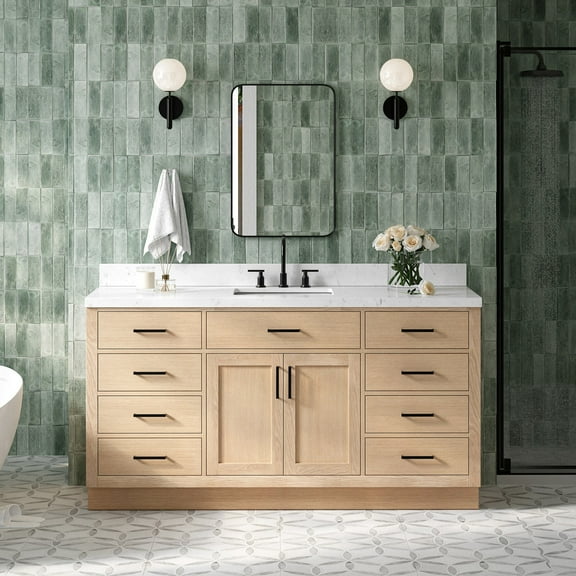 ARIEL Hepburn 66" Inch Oak Single Bathroom Vanity with Sink, Carrara White Quartz Countertop 1.5 inch Edge and backsplash, Soft Closing Door and Drawer, Matte Black