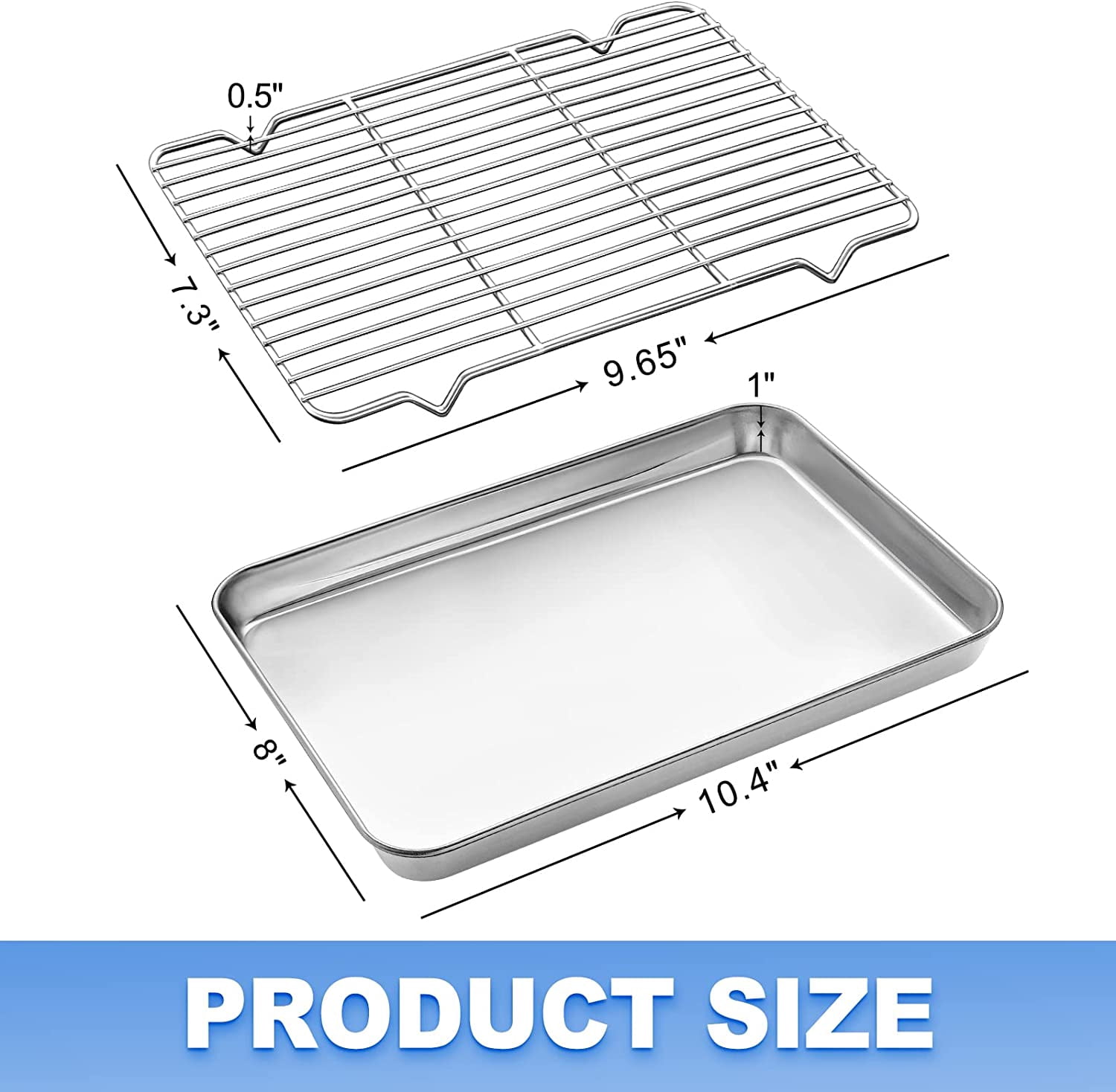 Stainless Steel Baking Sheet with Rack Set [1 Pans + 1 Racks], Cookie Sheet with Cooling Rack, Cookie Pans for Roasting Grilling,Size 10.4"x 8" , Non Toxic & Heavy Duty & Easy Clean,Dishwasher Safe