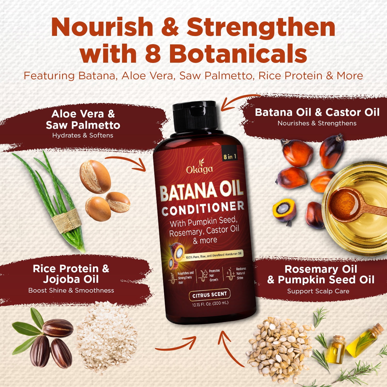 Okaga Batana Oil Conditioner for Hair Growth, Aloe Vera Leaf Juice, Biotin, Honduran Batana, Jojoba, Argan, Pumpkin Seed, Castor & Rosemary Oils, 8-in-1 Natural Formula (10.15 fl oz Citrus Scent)