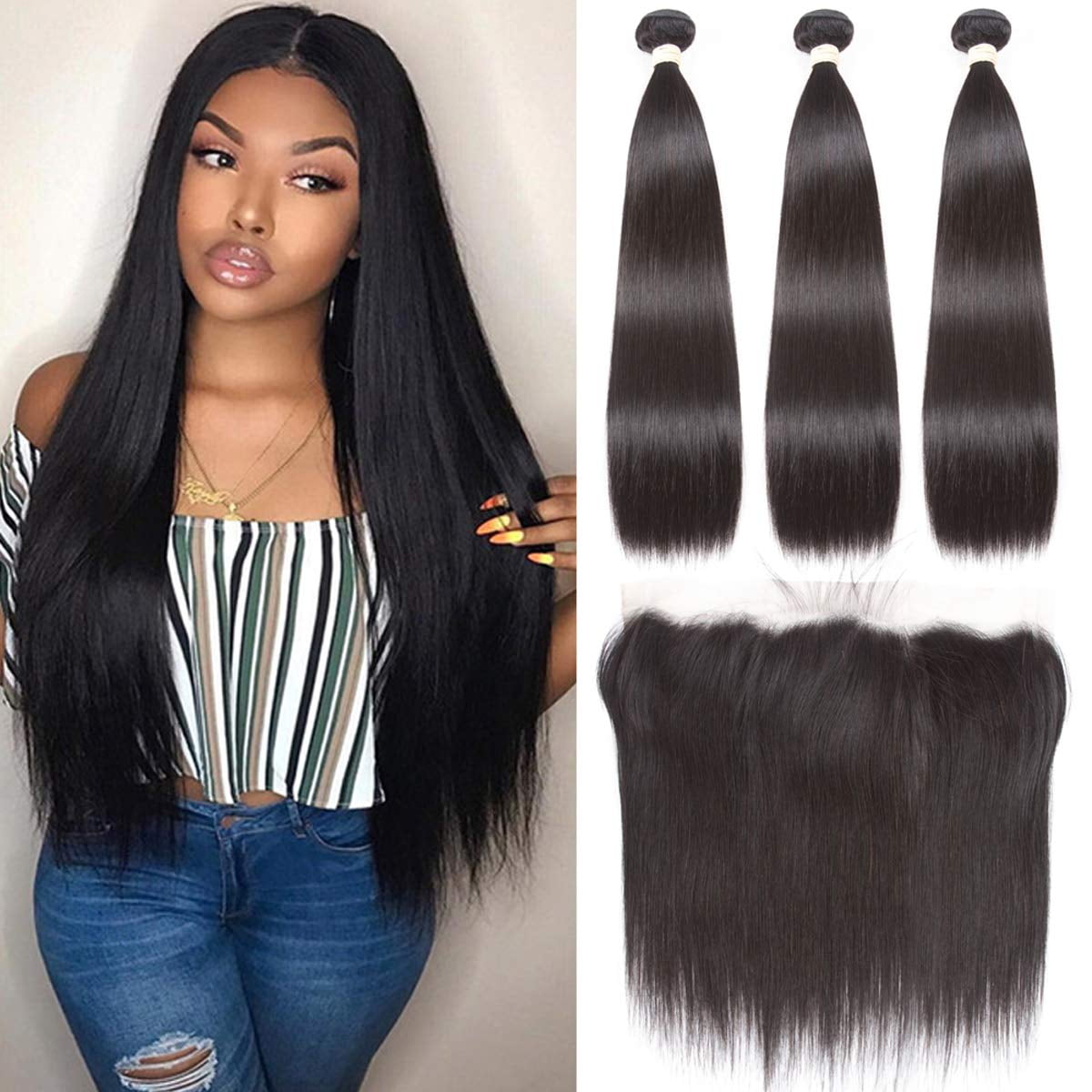 Brazilian Straight Hair 4 Bundles With Frontal Closure(20 22 24 26+18Frontal)  13x4 Ear to Ear Lace Frontal 8A Unprocessed Virgin Human Hair Bundles With  Frontal Natural Color 
