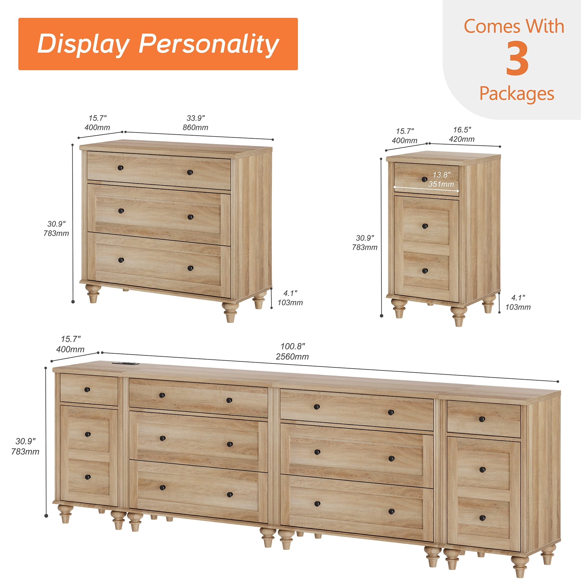 WAMPAT Farmhouse TV Stand for 100 Inch TV, 3-in-1 TV Console Table with 8 Drawers and 2 Storages, Entertainment Center with Charging Station for Living Room, Oak