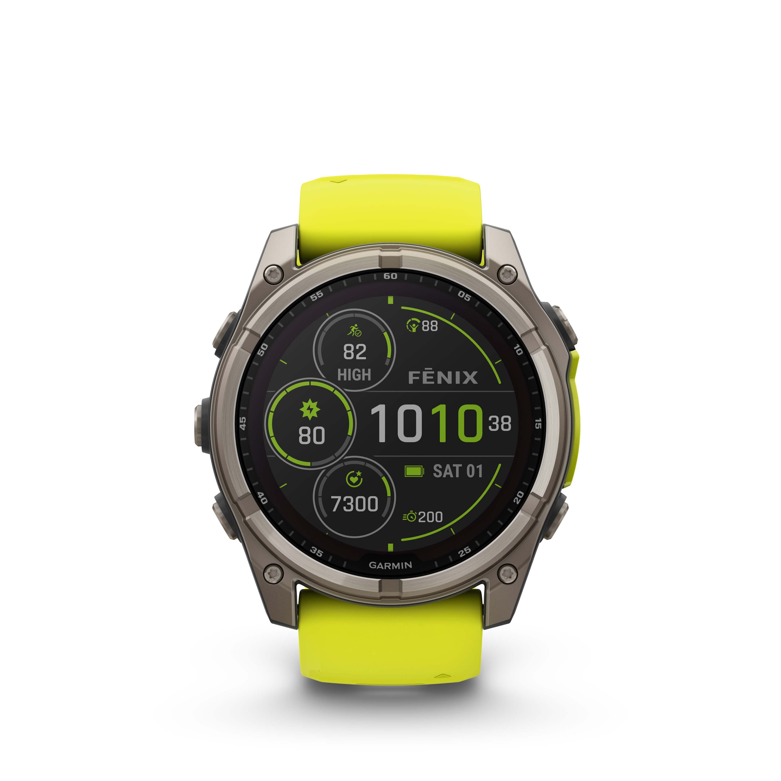 Garmin Fenix 8 51MM Solar Sapphire Multisport GPS Smartwatch Titanium with Amp Yellow Silicone Band, 48 Days Battery Life, Built-in LED flashlight, Health & Fitness Smart Watch Bundle for Men & Women
