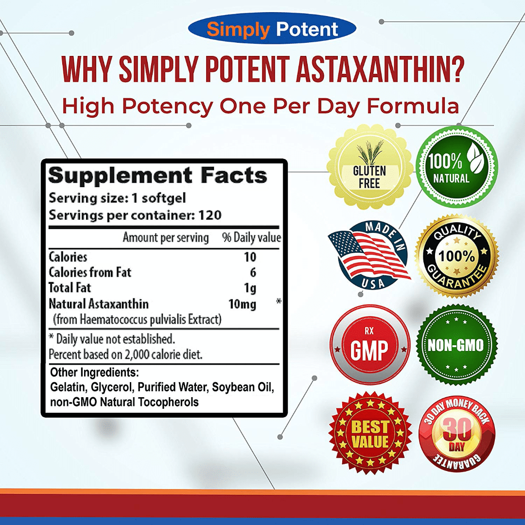 Simply Potent Astaxanthin 10mg Supplement — 120 Softgels (4 Month Supply) | Natural Algae Antioxidant for Eye, Joint, Skin, Heart & Brain Health | Non-GMO, Gluten Free