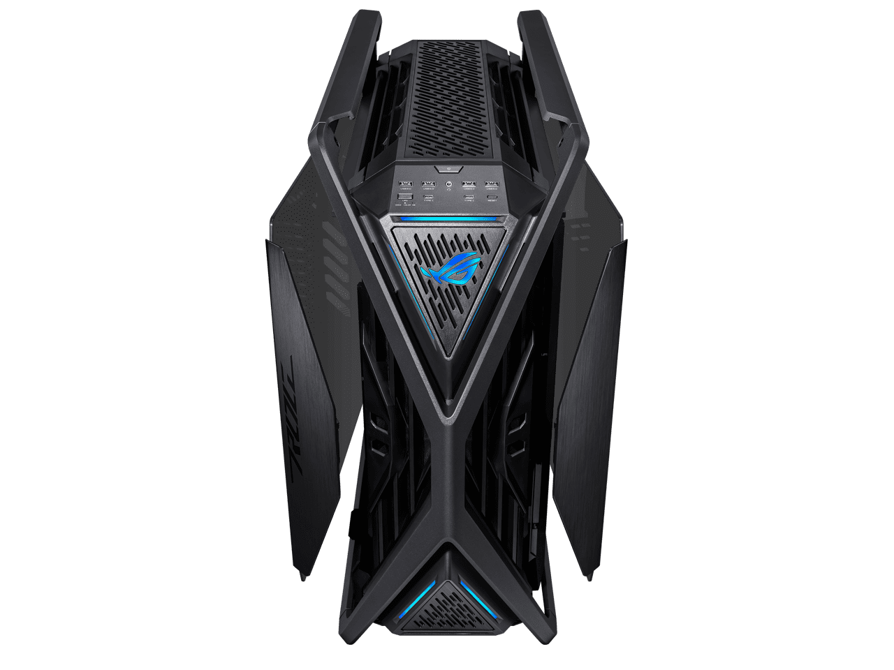 ASUS ROG Hyperion GR701 BTF Edition computer case, ASUS ATX BTF motherboards exclusive support, 420 mm dual radiator support, four 140 mm fans, metal GPU holder, component storage, ARGB fan hub