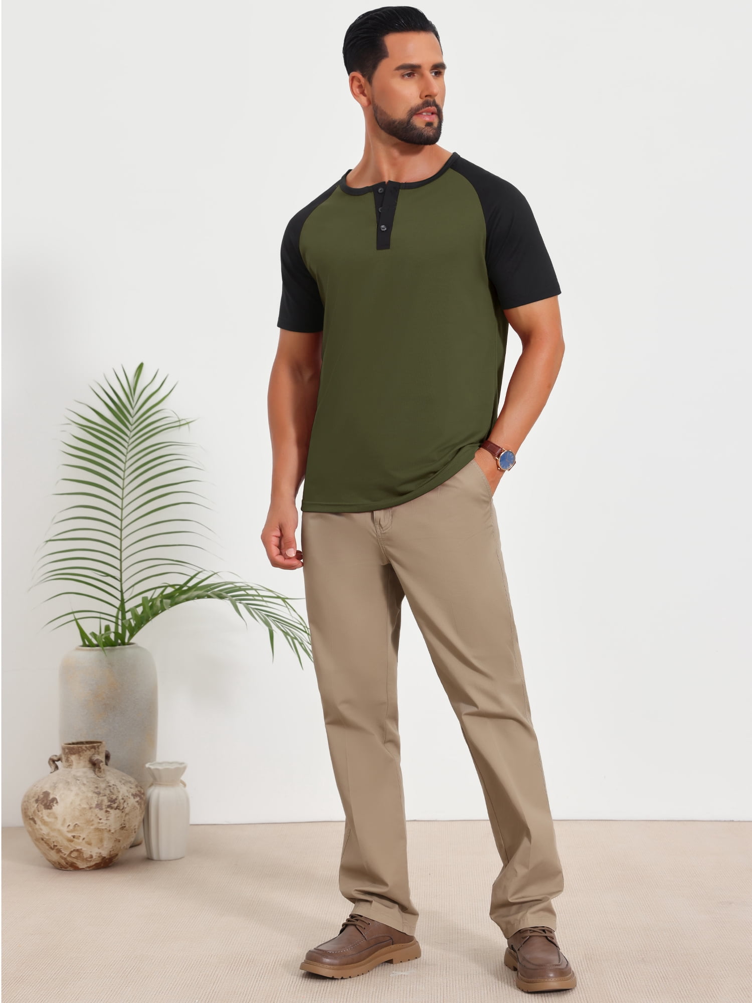 DARING DIVA Men's Henley Button Down Color Block Short Sleeve T-Shirt L Olive Green