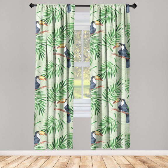 Birds and Nature Window Curtains, Exotics Theme Tropical Toucan Pattern with Leaves Greenery Art, Lightweight Decor 2-Panel Set with Rod Pocket, Pair of - 28"x84", Purpleblue Fern Green, by Ambesonne